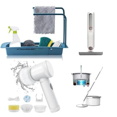 4 in 1 Telescopic Sink Rack Set, Adjustable Length Sink Rack Support, Sponge Soap Rack Drain Sink Tray, With Towel Bar Ventilation And Drainage Device Blue with 5 in 1 Electric Spin Scrubber Rechargeable Cleaning Tools and Portable Squeeze Mini Mop Foldable Sponge, US1984 Up