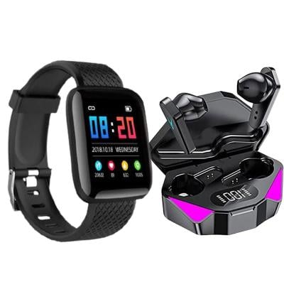 2 In 1 D13 Smart Watches 116 Plus Heart Rate Watch and HICITI Wireless Gaming Headphones For PUBG Fortnite Mobile, Black