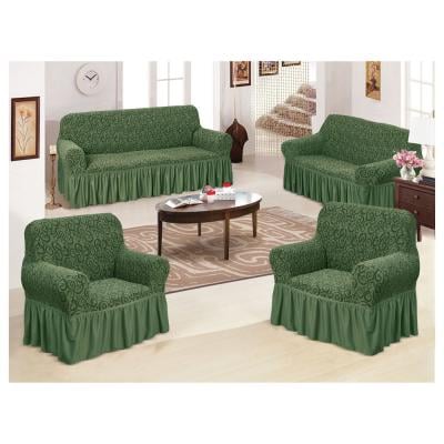 4-Piece Stretchable Sofa Cover Set CC3211OLIVGRN Olive Green Jacquard Fabric Seven Seater Couch Cover Set 3211 Combination
