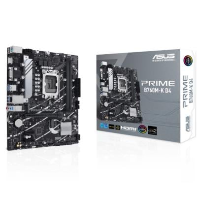 Asus PRIME B760M-K D4-AE an Intel B760 LGA 1700 mATX motherboard with PCIe 4.0 two PCIe 4.0 M.2 slots DDR4 Realtek 2.5Gb Ethernet VGA HDMI SATA 6 Gbps front USB 3.2 Gen 1 Aura Sync