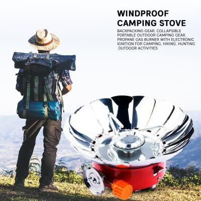 Windproof Camping Stove - Backpacking Gear, Collapsible Portable Outdoor Camping Gear, Propane Gas Burner with Electronic Ignition for Camping, Hiking, Hunting Outdoor Activities