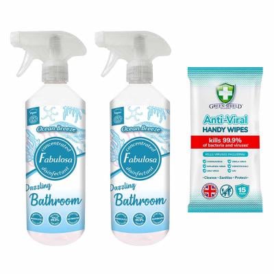 Fabulosa Antibacterial Bathroom Spray Ocean Breeze 2X500 ml, Free Greenshield Anti-Viral Wipes 15s