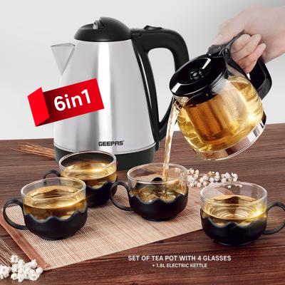 6 in 1 Bundle Pack Royal Mark Classic Glass Set with 1 Tea Pot & 4 Glasses and Geepas 1.8 Litre Stainless Steel Electric Kettle GK5466