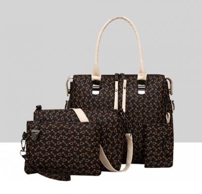 Four Pieces Printed PU Brown Handbag Set