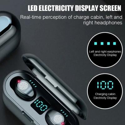 F9 True Wireless Bluetooth Earbuds with Mobile LCD Charging Power Bank Case and Mobile Stand