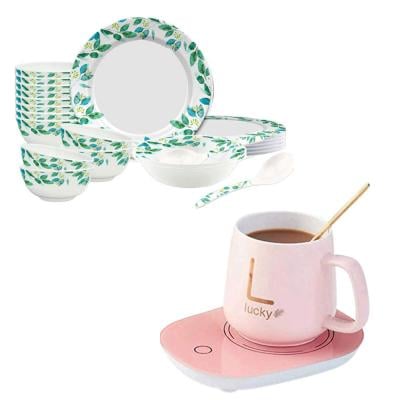 Olympia OE 18005 Melamine Dinner Set 22 Pieces White and Green and Lucky Ceramic Cup with Heater Assorted Color