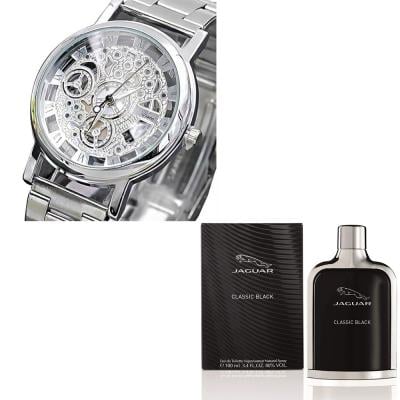 2 in 1 McyKcy Mens Imitation Machinery Casual Watch - Silver, Jaguar Classic Black Edt 100ml For Men