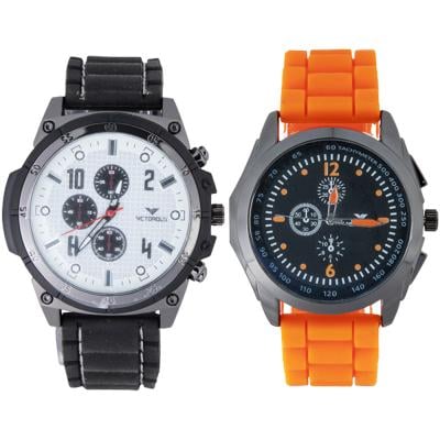 2 In 1 Victorious Fashion Rubber Starp Watch Unisex Black And Orange