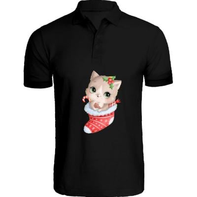 BYFT 110101009697 Holiday Themed Printed Cotton T-Shirt Cat Inside Christmas Stockings Unisex Personalized Polo Neck T-Shirt Medium Black