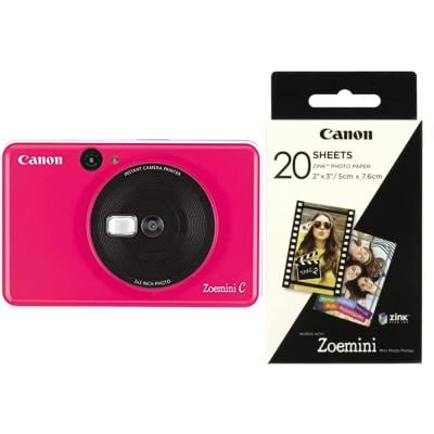 Canon 3884C007Aa Zoemini C Instant Camera Bubble Gum Pink with Canon Zink 2x3 Glossy Photo Paper 20 Sheets