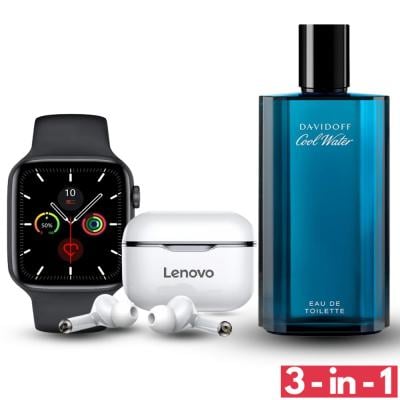 3 In 1 Gents Bundle Davidoff Cool Water Edt 125 ml Perfume For men W26 IPS Color Screen Smart Watch 44mm Black And Lenovo LP1 Live Pod Wireless Bluetooth Earphone