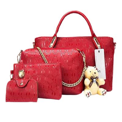 Womens 4 Pcs PU Composite hand bag set with Teddy Keychain Red
