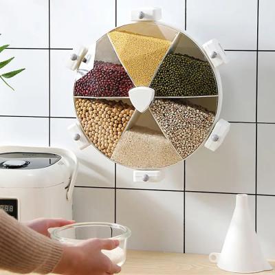 360 degree rotating Food Cereal Dispenser Wall Mounted 6-Grid Dry Food Fruit Rice Storage Box Kitchen Beans Grains Rice Container Organizer