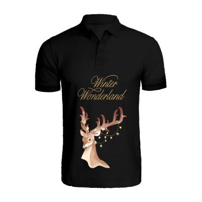 BYFT 110101011051 Holiday Themed Printed Cotton T-shirt Winter Wonderland Deer Unisex Personalized Polo Neck T-shirt Black 2XL-Set of 1 pc-220 GSM