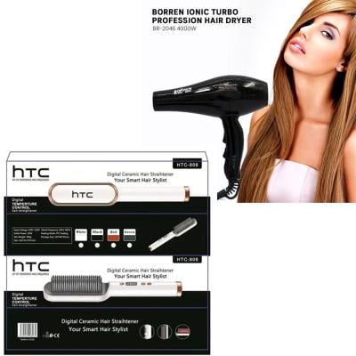 2 in 1 HTC Digital Ceramic Hair Straightner and Borren Ionic Turbo Profession Hair Dryer BR-2046 4000W