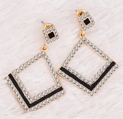 Victoria 18K Gold Plated Elegant Black Line Big Diamond Drop Shape Design Earrings With Cyrstal Stones, VKE118