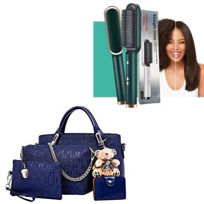 2 In 1 Combo Offer Womens 4 Pcs PU Leather Hand Bag Set Blue With Hair Straight Comb