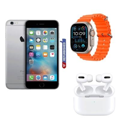3 in 1 Apple iPhone 6 1GB RAM 32GB Storage 4G LTE, Space Gray Refurbished and T2000 Ultra 2.08 Infinite Display Smartwatch with TWS Airpod Pro 3 Bluetooth Earphones Wireless Headset, White