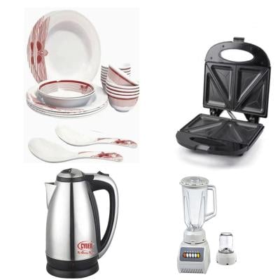 4 in 1 Cyber 4 Slice Sandwich Maker 750 W CYSM2260 Black and Cyber 2 In 1 Juice Blender  CYB-999, White and Cyber 2.0 Liter Stainless Steel Kettle, CYK-556 with Royalmark 22-Piece Melamine Ware Dinner Set RMDS-9922