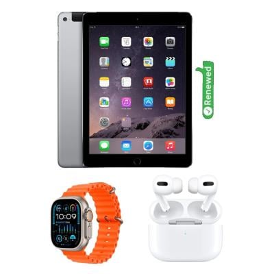 3 in 1 Apple iPad Air 2 16GB WiFi+Cellular (SIM) Space Gray- Renewed and T2000 Ultra 2.08 Infinite Display Smartwatch with TWS Airpod Pro 3 Bluetooth Earphones Wireless Headset, White TWS AIRPOD PRO 3