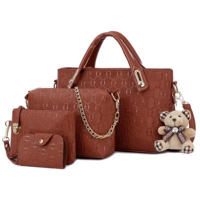 Womens 4 Pcs PU Leather Hand Bag Set Brown