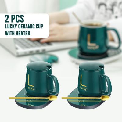 2pcs Lucky Portable Coffee Cup Warmer Heater Set Heat Heating Cup Pad Ceramics Mug Thermostatic Electric Coaster 55℃ Mug Mat Office Tea Coffee Milk Heater with Cup Spoon Gift Box Package Assorted color