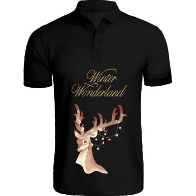 BYFT 110101010147 Holiday Themed Printed Cotton T-Shirt Winter Wonderland Deer Unisex Personalized Polo Neck T-Shirt Black Large