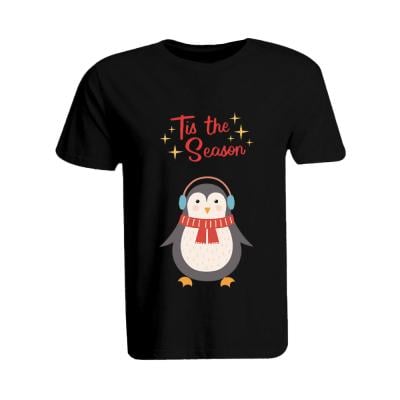 BYFT 110101011095 Holiday Themed Printed Cotton T-Shirt Tis The Season Penguin Unisex Personalized Round Neck T-Shirt Black 2XL