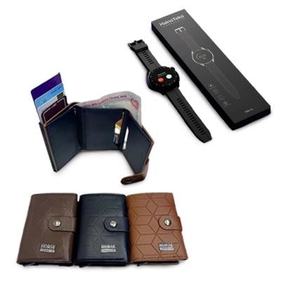 1Pcs Horse Men Fasion Wallet Automatic Card Holder WL-1995 and Haino Teko RW33 46mm Bluetooth Waterproof Smart Watch With 2 Different Straps Black