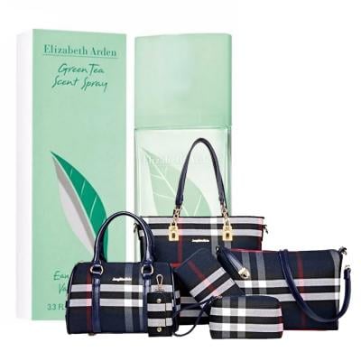 Buy 2 Green Tea by Elizabeth Arden for Women, EDP 100 ml and Get Womens 6 Piece PU Leather Elegant Plaid Tote Bag 6pcs, Blue