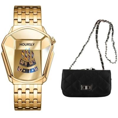 2 In 1 Luxury Fashion Watch With Quilted Mini Shoulder Bag Black
