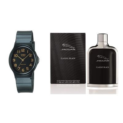 2 in 1 Casio Resin Band Watch For Men, MQ-24-1B2LDF and Jaguar Classic Black Edt 100ml For Men