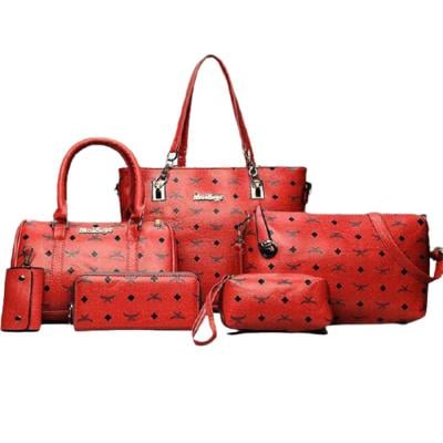 Womens 6 Pcs PU Leather Composite Luxury Print HandBag Set Red