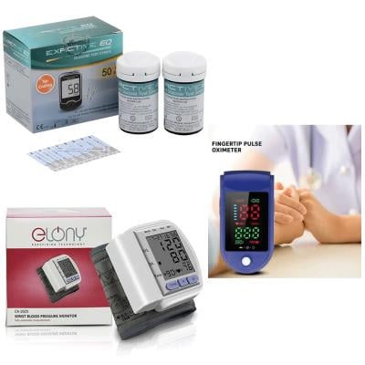 3 in 1 Health Pack ! Exactive EQ Impulse Blood Glucose Meter + Elony Automatic Digital LED Monitor Display Wrist Blood Pressure Meter + Fingertip Pulse Oximeter