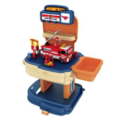 Little Story LS_BLSB_FMBU 2in1 Mode Role Play Fire Station with Fire Truck and Block Toy Set School Bag 223Pcs Orange