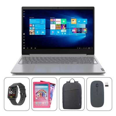 5 in 1 Lenovo V15 Intel Celeron N4020 Processor 4GB RAM, 256GB SSD, Intel UHD Graphics, 15.6 Inch Display, Dos, Iron Grey with Fitness Smartwatch Plus Touchmate 8 Inch Tablet Plus Laptop Backpack Black Plus Mouse