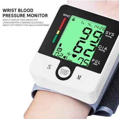 Wrist Blood Pressure Monitor Backlit Display Voice Broadcast Lithium Battery Charging Adjustable Wrist Cuff Perfect for Health Monitoring, ck-W132