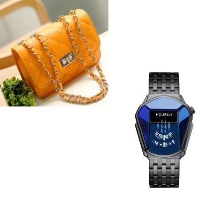2 In 1 Luxury Fashion Watch With Quilted Mini Shoulder Bag Yellow