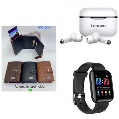 3 in 1 combo of Mens Fasion Automatic Card Holder Wallet with Lenovo LP1 Live Pod Wireless Bluetooth Earphone and D13 Smart Watch for Android