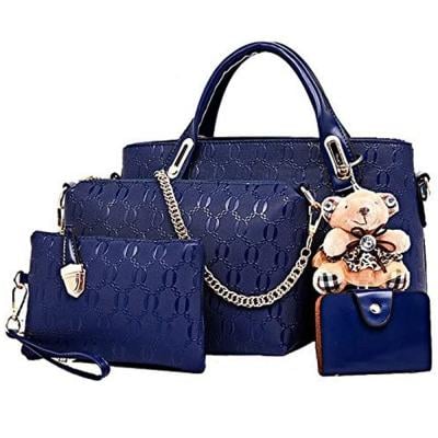 Womens 4 Pcs PU Leather Hand Bag Set Blue