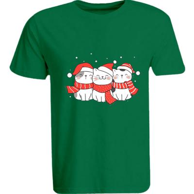 BYFT 110101009752 Holiday Themed Printed Cotton T-Shirt Three Cats With Scarf & Christmas Cap Unisex Personalized Round Neck T-Shirt Green Medium