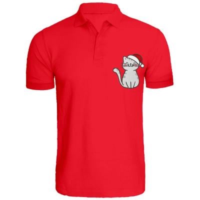 BYFT 110101009659 Holiday Themed Embroidered Cotton T Shirt Cat with Christmas Cap Personalized Polo Neck T Shirt Red Medium