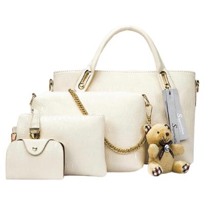 Womens 4 Pcs PU Composite hand bag set with Teddy Keychain White