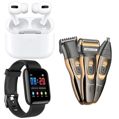 Compo Pack D13 smart watch with TWS Airpod Pro 3 Bluetooth Earphones Wireless Headset, White with Progemei Waterproof 3 in 1 Hair Clipper and Trimmer