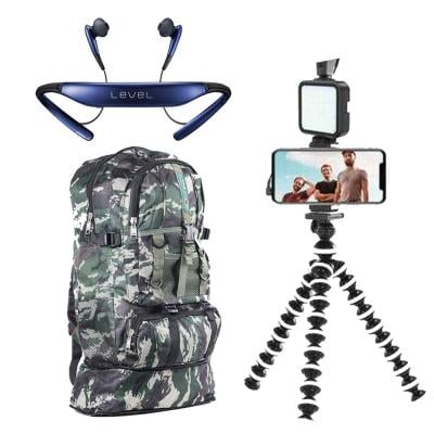 3 in 1 Offer Army Travel Backpack Camouflage, Level Wireless Bluetooth Neckband Headset with Mic and KIT-03LM Vlogging Live Streaming Kit With Microphone Tripod Phone Holder And Fill Light