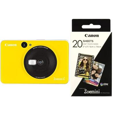 Canon 3884C007Aa Zoemini C Instant Camera Bumblebee Yellow with Canon Zink 2x3 Glossy Photo Paper 20 Sheets