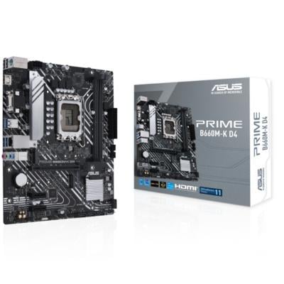 Asus PRIME B660M-K D4-AE Intel B660 (LGA 1700) mATX motherboard with PCIe 4.0 two M.2 slots DDR4 HDMI DSub Realtek 1Gb Ethernet front USB 3.2 Gen 1 ASUS Lighting Control