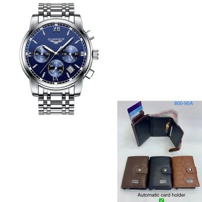 Guanqin Mens Water Resistant Stainless Steel Chronograph Wrist Watch GS19018H-3 Silver with 1Pcs Horse Men Fasion Wallet Automatic Card Holder WL-1995