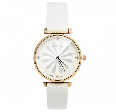 Langar Lotus Design Thin Leather Strap Leather Watch For Women - White