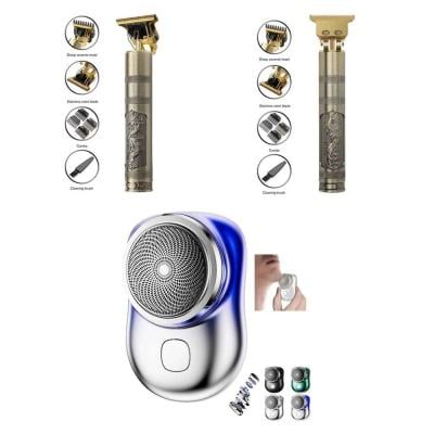 3 in 1 Bundle Offer 2Pcs Vintage T9 Trimmer for Men Hair Zero Gapped Clipper Professional Cordless Haircut Electric USB Charging Beard Trimmer for Men Wireless Rechargeable Personal Hair Men Grooming Beard Liner Gold and Galaxy Mini Electric Portable Shaver With Waterproof
